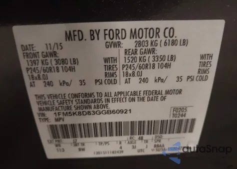 2016 Ford Explorer Xlt из США, поврежденный, VIN 1FM5K8D83GGB60921